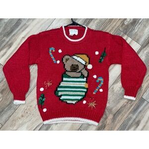 Heidi‎ Vintage 80s Christmas Sweater Teddy Bear In Stocking Hand Knit Size M